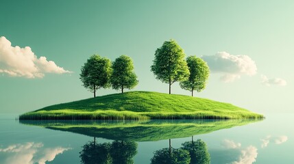 Small green island with trees reflected in calm water.
