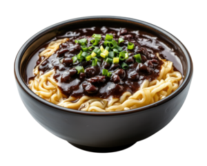 bowl of jjajangmyeon featuring thick black bean sauce and noodles, garnished with chopped green onions, offers delicious and comforting meal experience