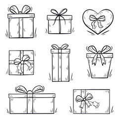 Gift boxes in doodle style. Collection of gift boxes for birthday, new year, Christmas, wedding celebration or web design. Vector illustration