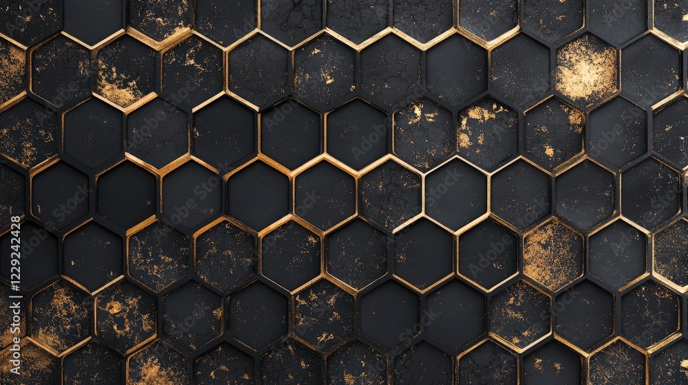 Poster golden honeycomb pattern with shiny and matte hexagons, offering a modern design aesthetic.