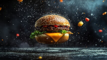 Epic Stack of Burgers and Fries in a Floating Composition