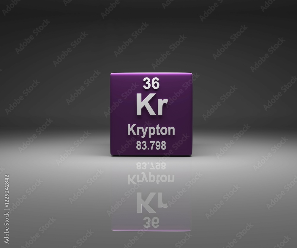 Poster cube with krypton number 36 periodic table, 3d rendering