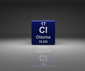 Cube with Chlorine number 17 periodic table, 3d rendering