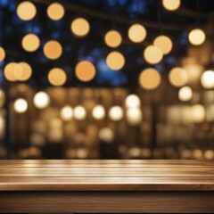Wooden table with a background of hanging lights creating a warm, cozy bokeh effect at night, AI generated