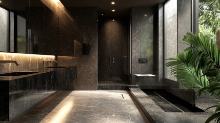 A high-end hotel-style bathroom with pristine granite countertops, sleek waterfall faucets, and an illuminated mirror.