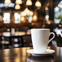 Fototapeta premium Relaxed cafe interior with a coffee cup on a saucer, surrounded by soft warm lighting and bokeh lights, AI generated