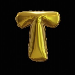 Golden Balloon Letter T, Realistic 3D Rendering on a black background