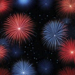 Fototapeta premium Vibrant red and blue fireworks bursting in a dark sky, creating a festive atmosphere, AI generated