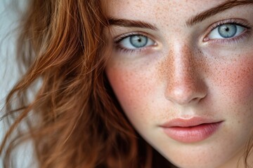 Fototapeta premium A close-up photo of a woman's face showing freckles, suitable for use in beauty or lifestyle contexts