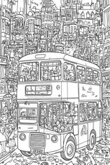 Busy City Bus Scene Illustration . Children coloring page
