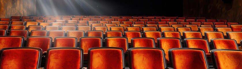 Obraz premium Empty theater seats bathed in warm light, ready for a show.