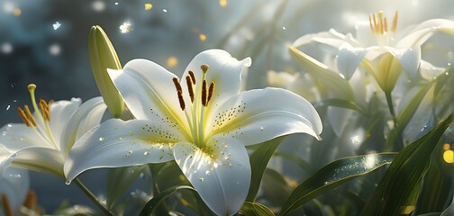 Obraz premium Blooming Easter lilies with soft white petals and a yellow center, bathed in gentle sunlight, AI generated