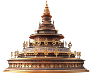 beautifully crafted Buddhist stupa featuring intricate designs and prayer wheels around its base, symbolizing spiritual devotion and peace