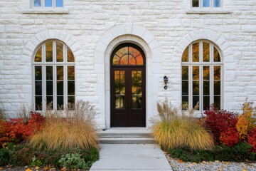 Elegant front entrance of a modern home with stone facade, arched windows, and autumn foliage in the garden showcasing vibrant colors