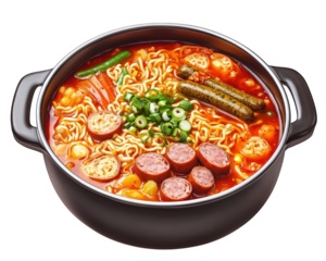 bubbling pot of spicy army stew filled with noodles, sausages, and vegetables, creating warm and inviting meal