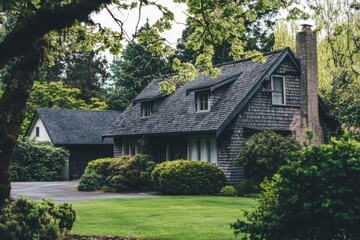 Obraz premium Nestled within a serene suburban neighborhood, this delightful cottage is embraced by vibrant greenery, creating a picturesque scene on a peaceful afternoon