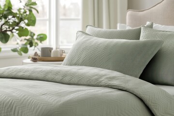 Obraz premium Soft green bedding arranged on a cozy bed with natural light streaming through the window in a comfortable bedroom setting