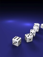 Five white die on a blue surface, 3D illustration