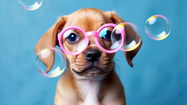 Cute puppy dons trendy pink glasses, gazing at soap bubbles, with a serene blue background adding a touch of whimsy