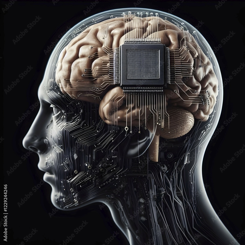Poster illustration of a human brain connected to a ai microchip processor circuit board and other modern p