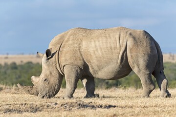 Fototapeta premium White Rhinoceros (Ceratotherium simum) eating dry grass, Ol Pejeta Reserve, Kenya, Africa