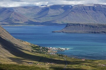 View on Bíldudalur and mountains of the Westfjords, Iceland, Europe