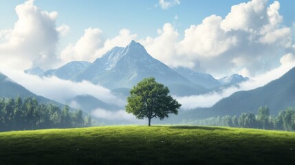 Fototapeta premium Lone tree on green meadow with majestic mountains and clouds.