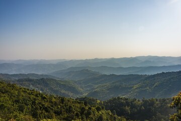 Obraz premium View across wooded mountains, Kyaukme, Shan State, Myanmar, Asia