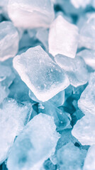 Cool blue ice cubes stacked in a frosty arrangement for refreshing chill concept in close up