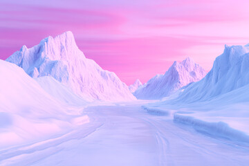 Obraz premium Mystical pink ice landscape with snowy mountains and serene sky in vibrant winter wonderland scene