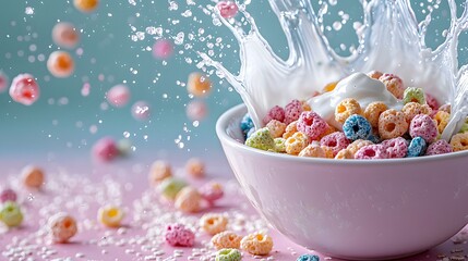 Cereals Crunchy Grain, Colorful Cereal Bowl with Dramatic Milk Splash for Playful Breakfast Vibe