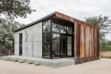 Contemporary cabin design in a rural setting showcases a blend of concrete and rusted metal in the heart of nature with a tranquil backdrop