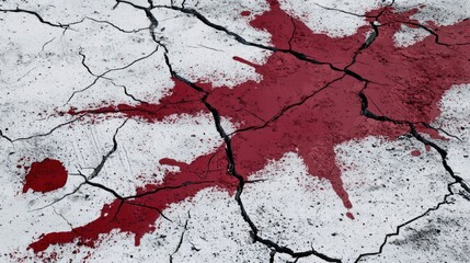 A vibrant red paint splatter covers a cracked wall, perfect for use in abstract art or graffiti inspired designs