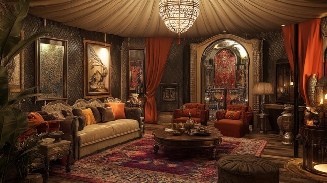 A lavish yurt with contemporary furnishings, stylish lighting, and artistic decor, creating a perfect blend of comfort and class.