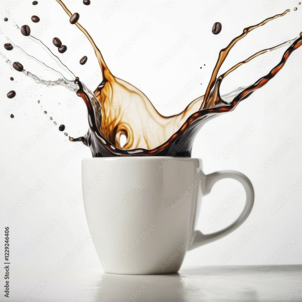 Poster coffee splashing out of a white cup, creating a dynamic and artistic visual with coffee beans in mot