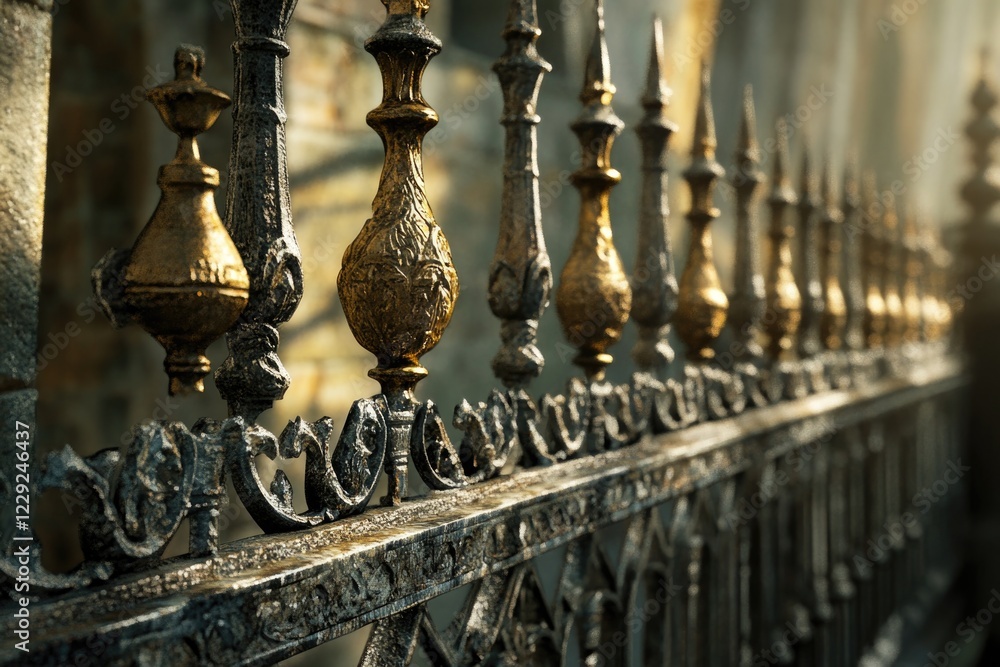 Poster close-up of a metal fence with a building in the background, perfect for use in architecture or urba