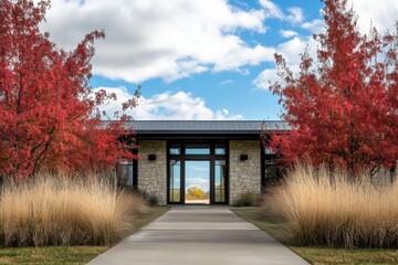 Modern architecture highlighted by vibrant red trees and soft grasses, creating an inviting entrance in autumn at a contemporary residence
