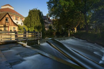 Barrage on Hammerwehr Canal, evening light, old town, Esslingen am Neckar, Baden-Württemberg,...
