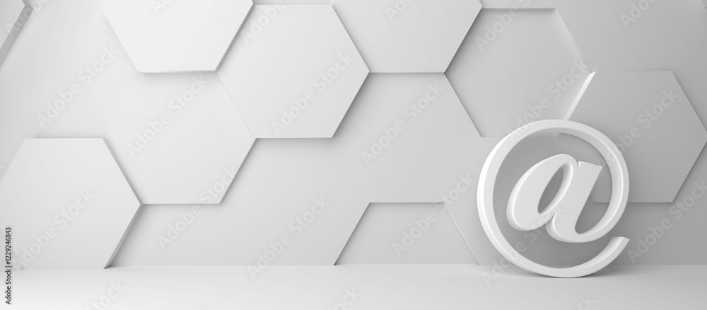 Poster fine 3d concept with a white @ (at) icon in a modern white hexagon room with space for text