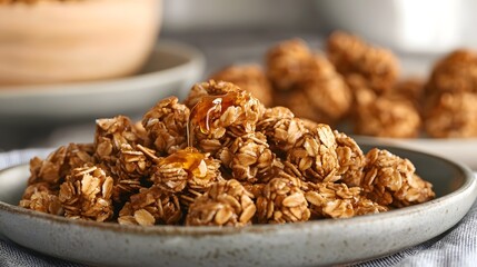 Obraz premium Cereals Crunchy Grain, Granola Clusters with Honey Drizzle - Close-Up Showcase of Natural and Wholesome Eating