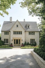 An elegant stone house is nestled amidst vibrant, lush greenery in a peaceful suburban neighborhood, basking in the warmth of a sunny summer afternoon