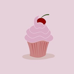 Sweet cartoon cupcake on a pink background, vector illustration
