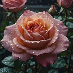 A beautiful big rose, its petals glistening with morning dew, with a tiny water feature behind it.