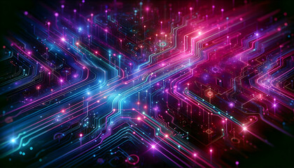 Background Technology A glowing, abstract background with neon pink, purple, and blue lines and patterns resembling a futu3