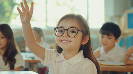 Little schoolgirl with glasses raising her hand in class at school