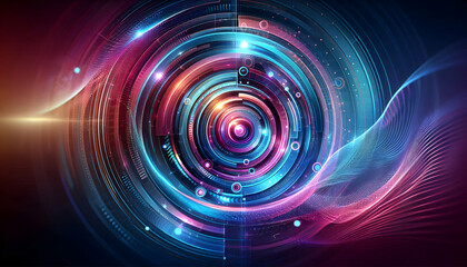 Obraz premium Background Technology A glowing, dynamic abstract background with concentric circles and geometric patterns in shades of b2