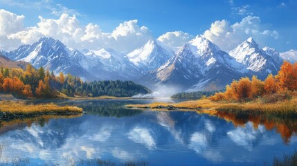 Obraz premium high-altitude lake nestled in a mountain range, where the air is crisp and the reflection of the snow-capped peaks shimmers on the water.