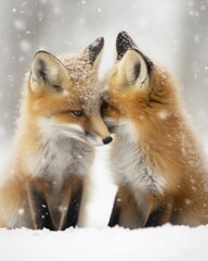 Obraz premium Two Arctic fox cubs with soft fur cuddle up to each other in Arctic winter landscape during snowfall, AI generated