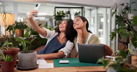 Women, selfie and florist team in flower shop, photography and online for business media post. People, collaboration and together for company picture in workplace, startup social update and support