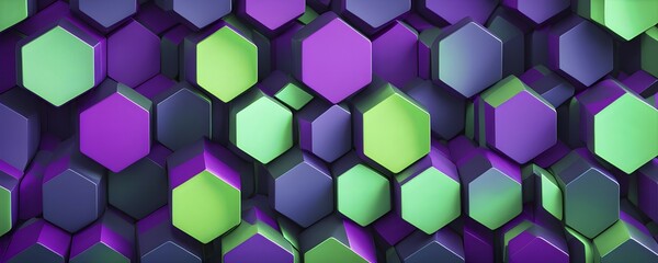 Fototapeta premium Abstract composition of interlocking green and purple hexagons, AI generated